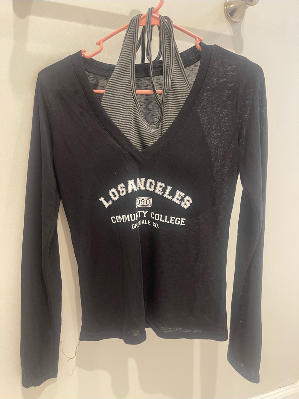No Boundaries Black V-Neck Long Sleeve Tee with College Print